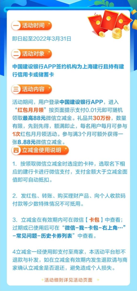 中国建设银行红包月月领，支付0.01元领最高88元微信立减金