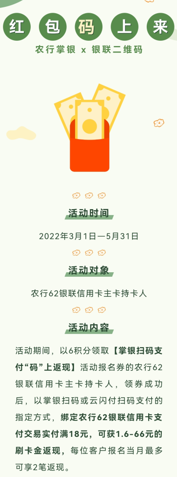 农业银行优惠活动交易实付满18元，得1.6-66元的刷卡金