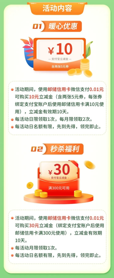 邮储信用卡微信支付1分钱，每月抢50元微信立减金