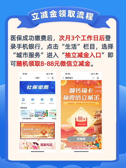 中国银行×医保，成功缴费送8-88元微信立减金