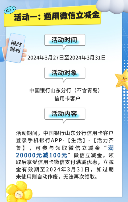 山东中国银行月末限时福利！领200元微信立减金！